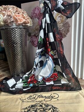 Ed Hardy Black & White Skull Scarf with Branded Dust Bag bundle